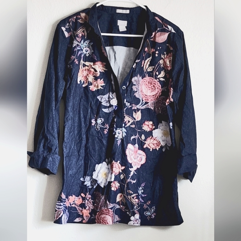 Chicos Floral V-neck 3/4 Sleeves Hidden Buttons Side Slit Sz 14
